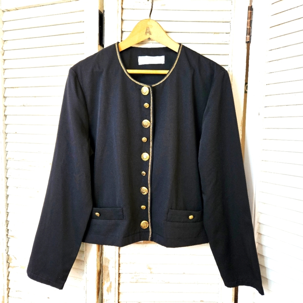 Vintage 80s Black Cropped Boxy Jacket With Gold Buttons And Trim S/M